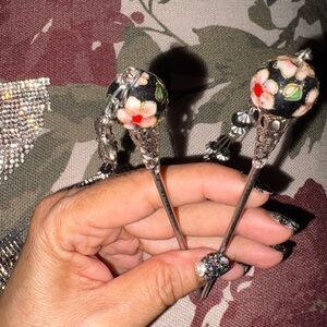 Floral Silver Hair Sticks cloisonné Tokyo original hair bun geisha picks set